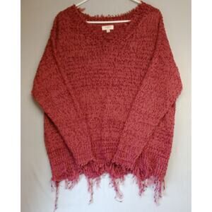 Umgee Fuzzy Knit Sweater Medium Burgundy V Neck Chunky Distressed Pullover